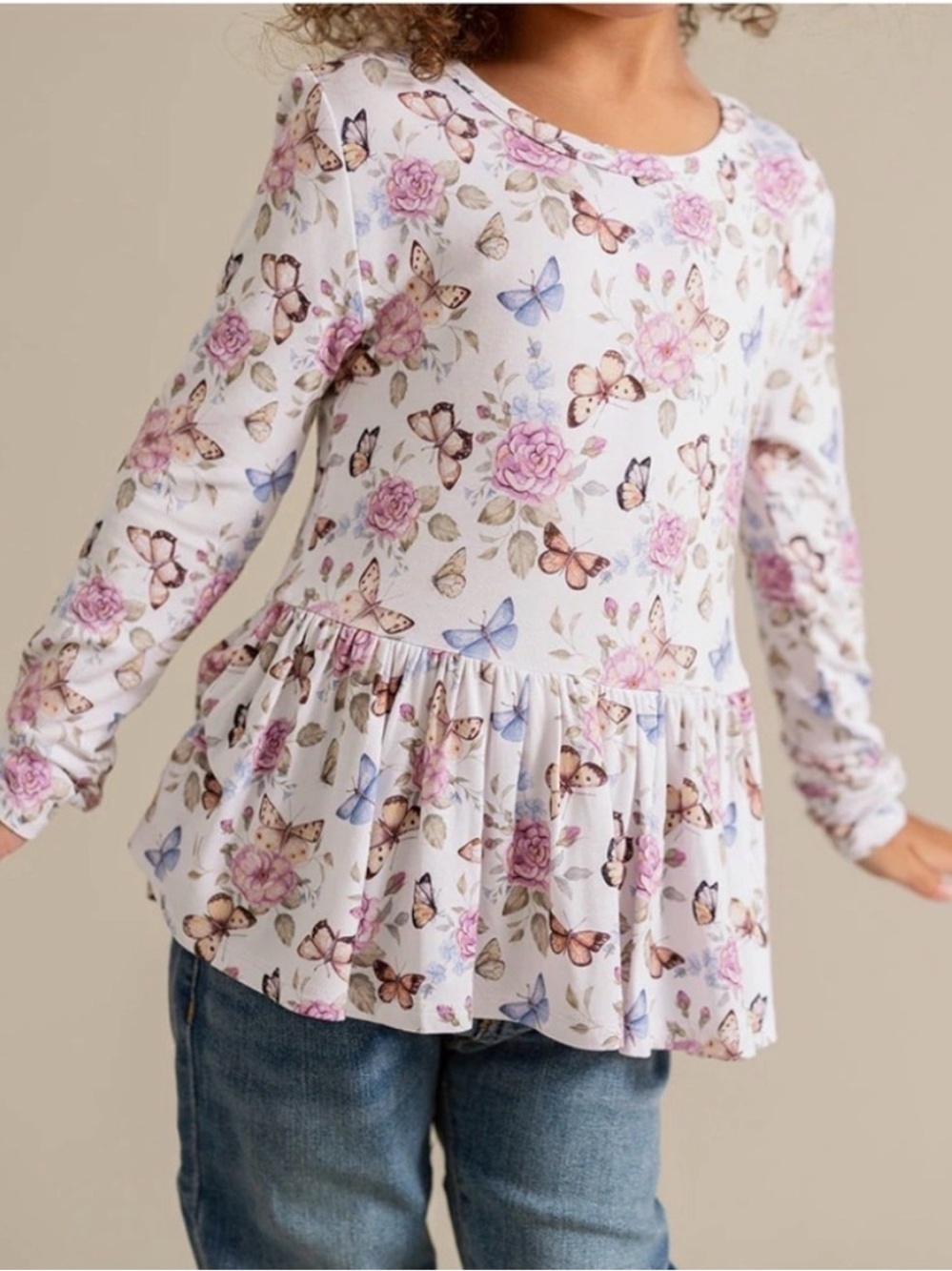 Posh Peanut Mariselle Peplum Top with Pink Floral & Butterfly Print